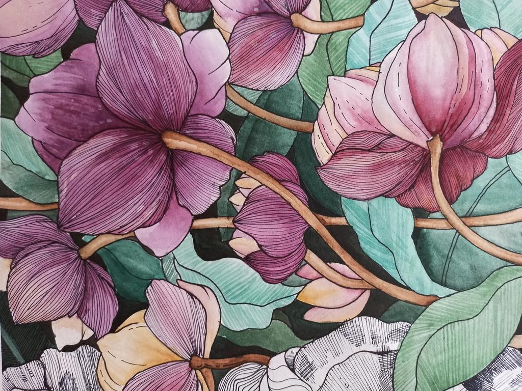 Water Color and Pen & Ink Flowers